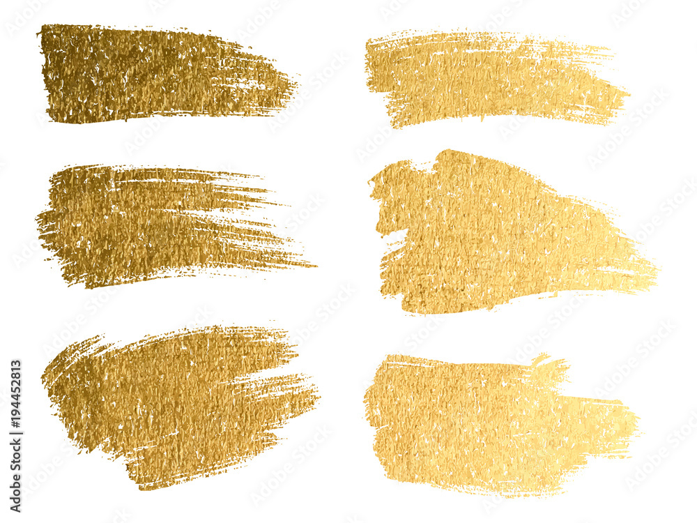 矢量金色油漆涂抹笔画污渍套装。抽象金色闪闪发光的纹理艺术插图。