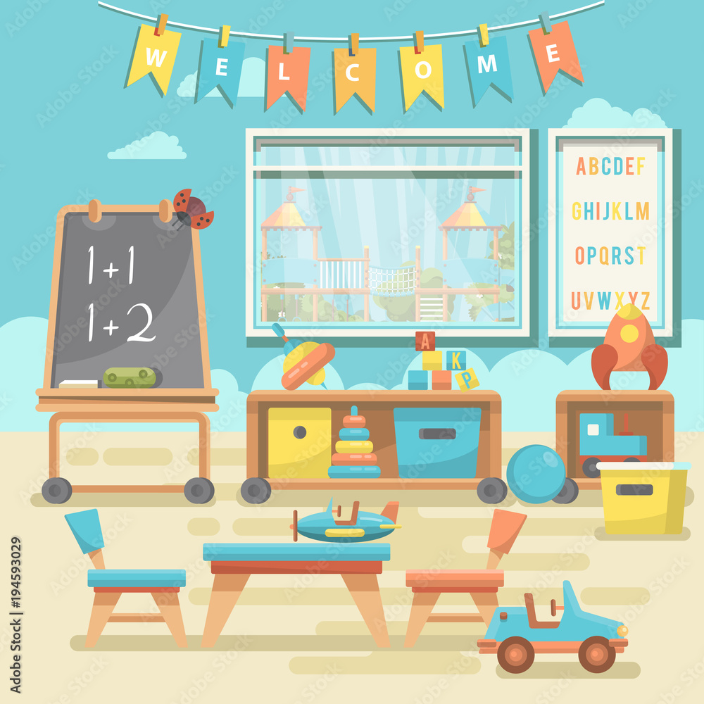 平面设计的幼儿园教育矢量插图，带玩具和学前用品