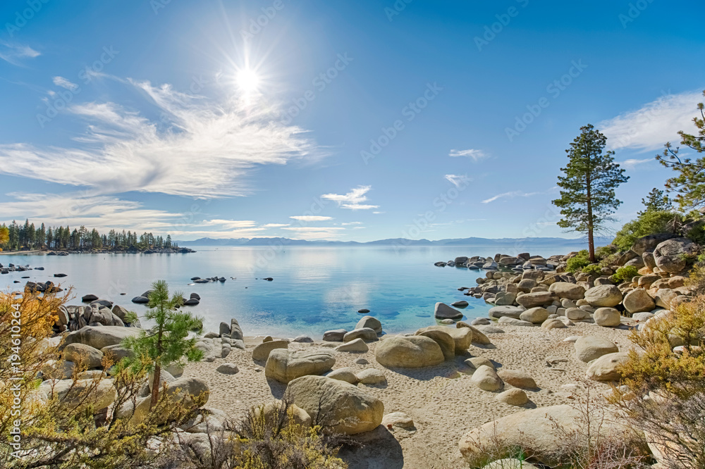 Lake Tahoe east shore beach, calm turquoise water in sunny day