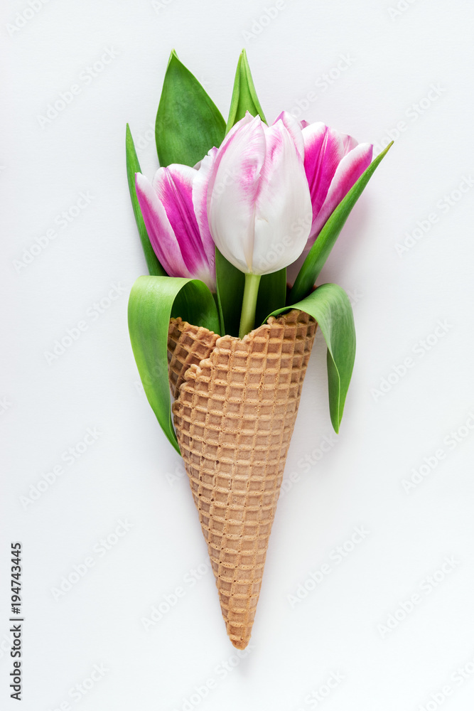 白色背景上有郁金香花的冰淇淋蛋卷。简约的春天概念。平躺。