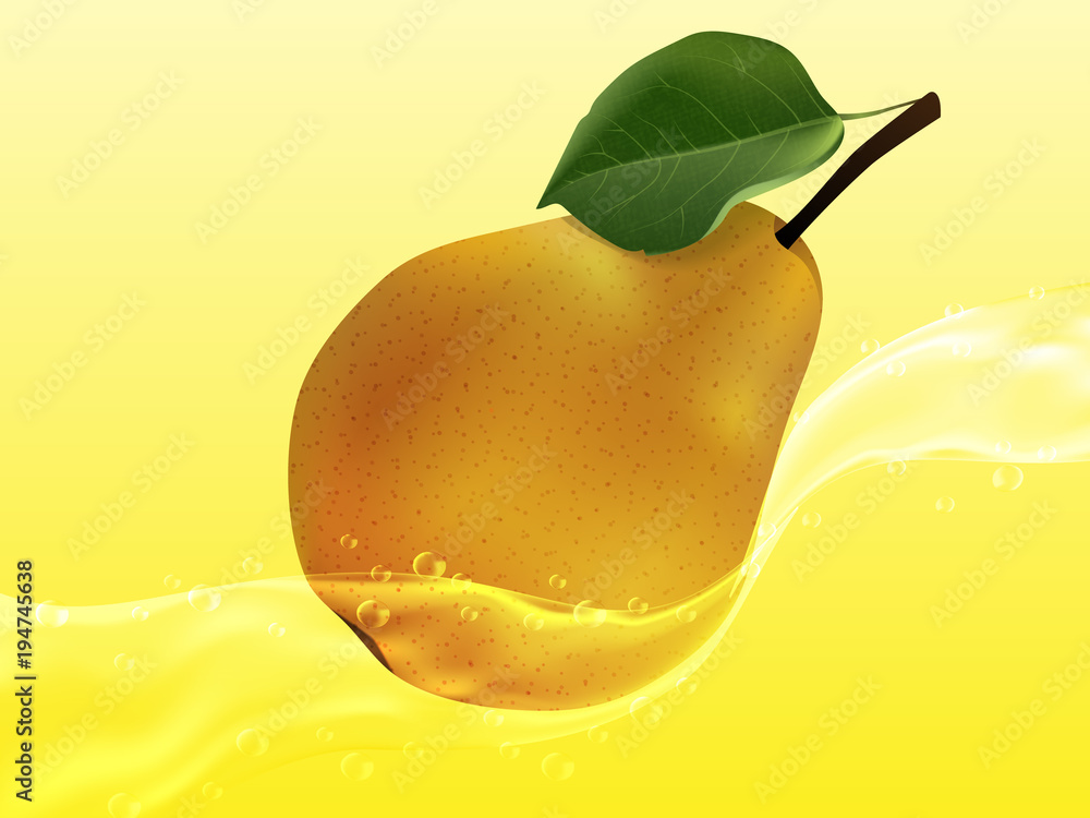美味多汁的梨在果汁喷雾中。逼真的风格。矢量插图。