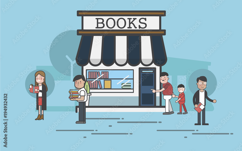 Illustration of books store and people