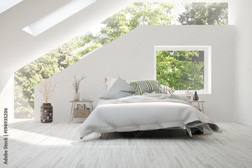 白色极简主义卧室的灵感，窗户里有夏季景观。斯堪的纳维亚室内设计