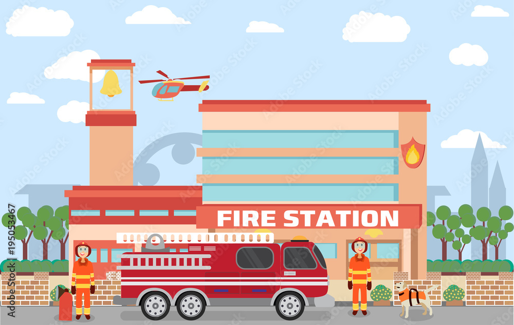 城市背景矢量中的消防站建筑包含应急车辆和消防员。