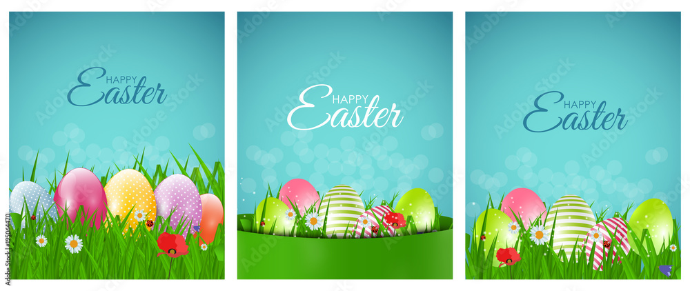 复活节快乐自然背景，蛋、草、花。矢量插图