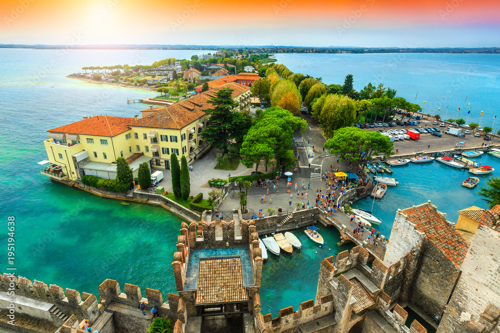 Spectacular panorama from the tower Scaliger, Sirmione, Garda lake, Italy