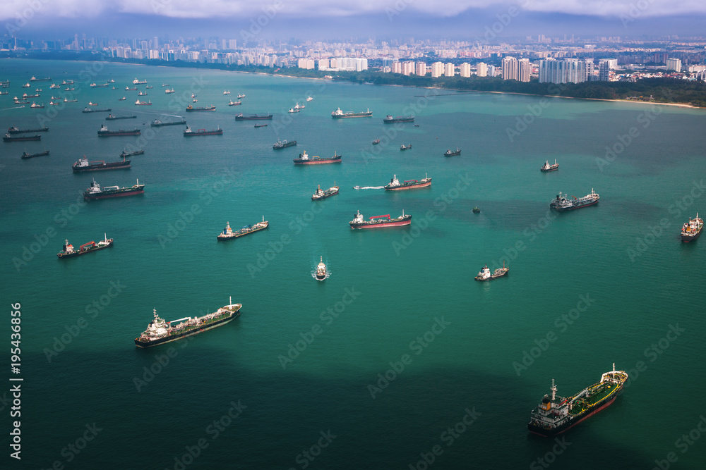 新加坡港口的飞机俯视图，配有运输船和集装箱船