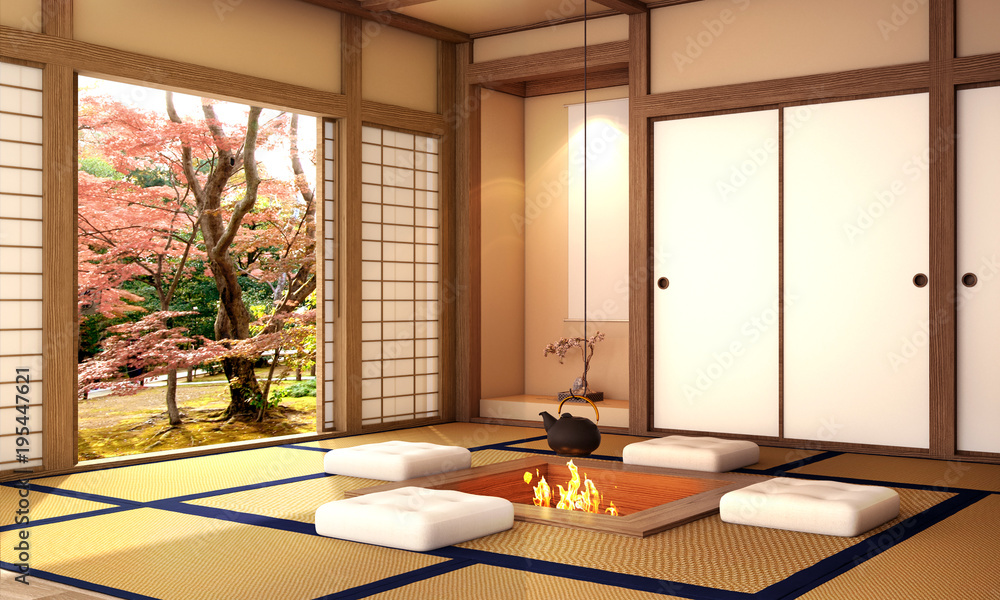 interior design,modern living room with table,wood floor and tatami mat and traditional japanese doo