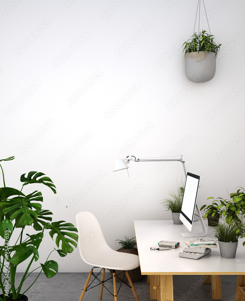 3d illustration,interior design for working table in modern style with chair, table,plant on wood fl