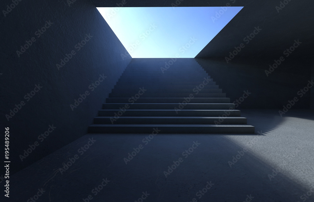 地下空的公共混凝土楼梯。3D渲染。