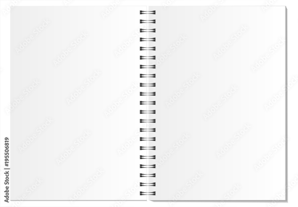 白色背景上的白色打开笔记本，有逼真的阴影。可以用作模板或布局