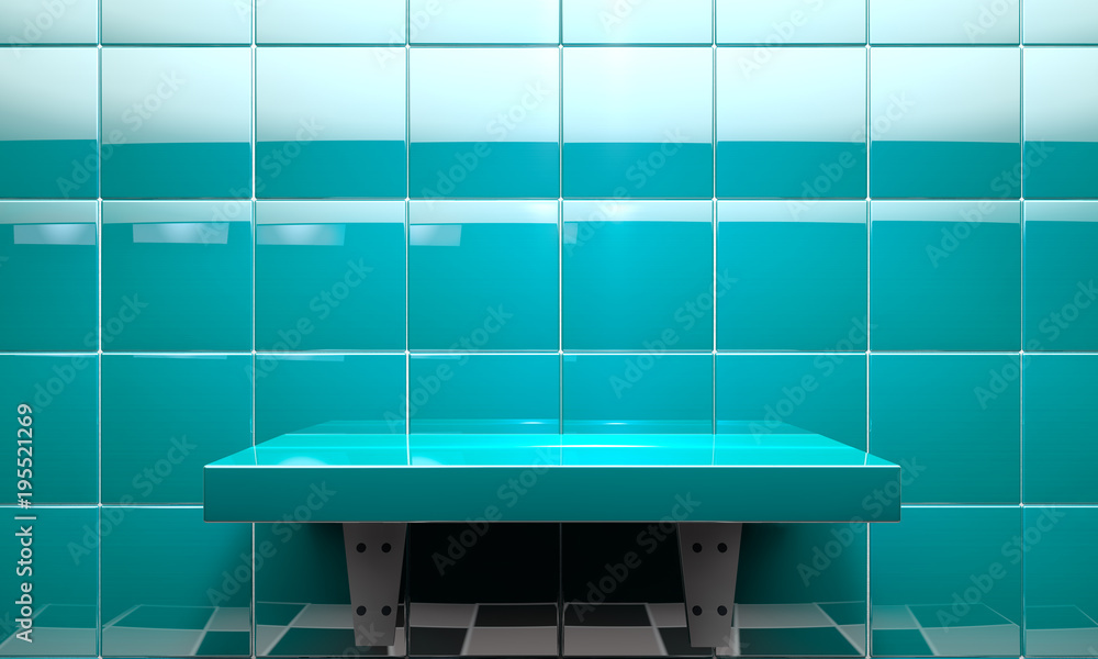 Modern room and counter or table for product.3d illustration.Empty tile wall.Interior architecture d