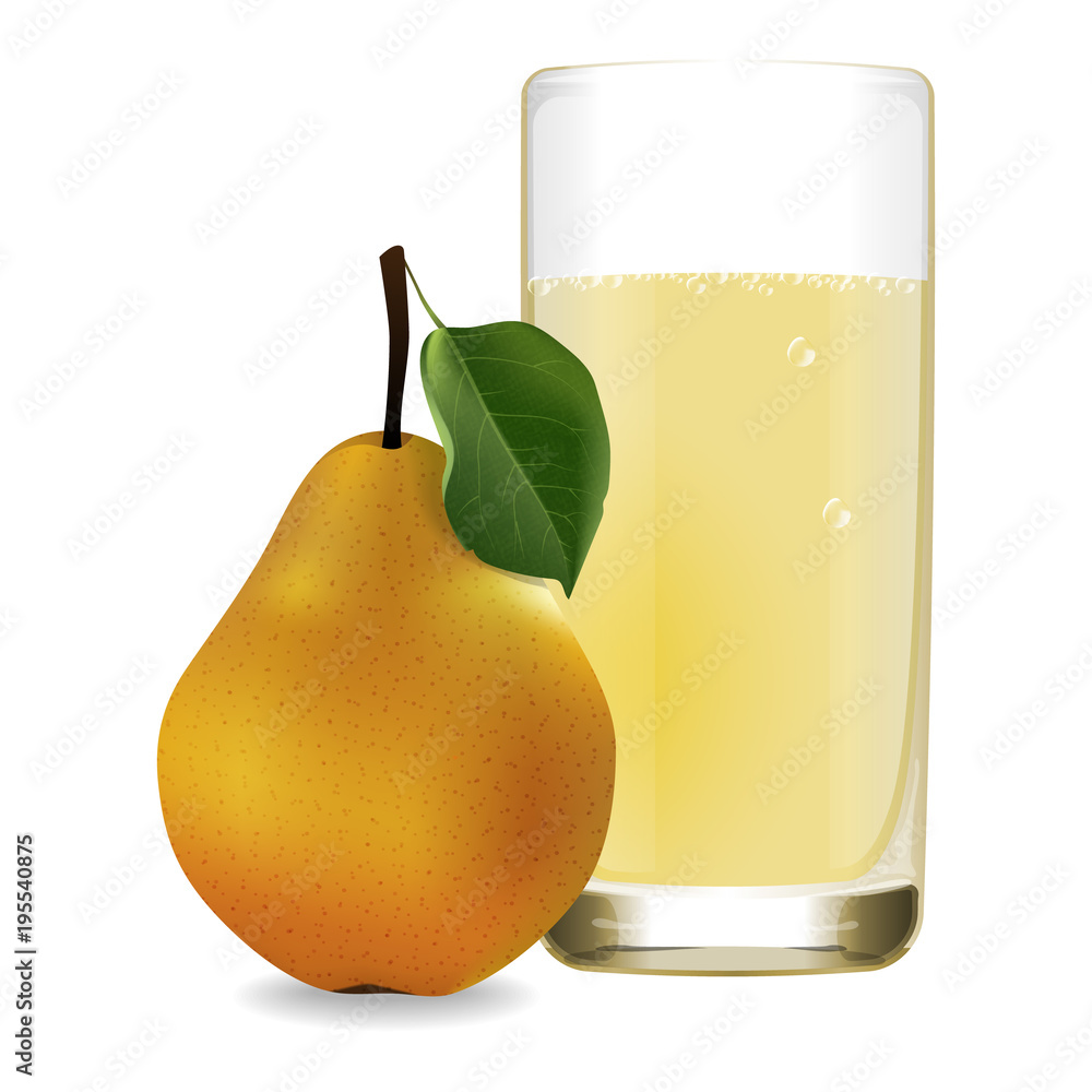 一杯来自成熟梨的清爽可口的果汁。逼真的风格。矢量插图。