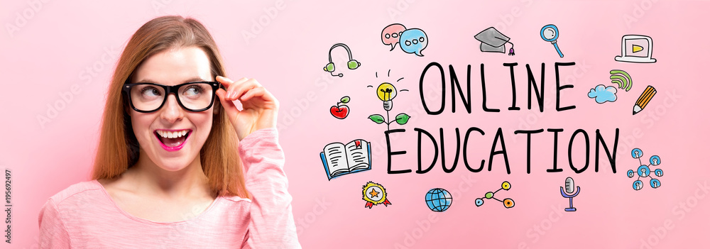 Online Education with happy young woman holding her glasses
