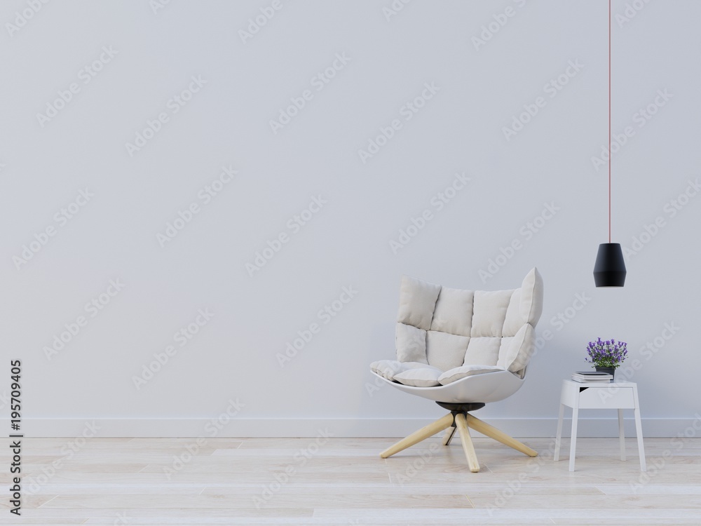 带扶手椅和灯的内墙模型，种植在空的白色背景上。3D渲染。