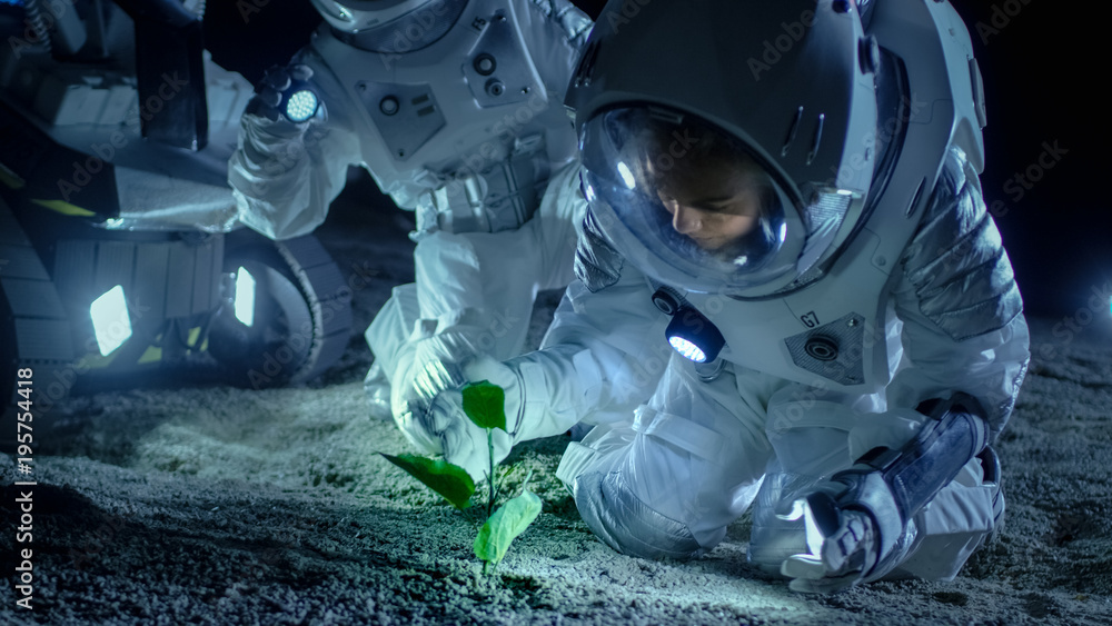 Two Astronauts on the Alien Planet Discover Plant Life. Space Travel, Discovery Of Habitable Worlds 