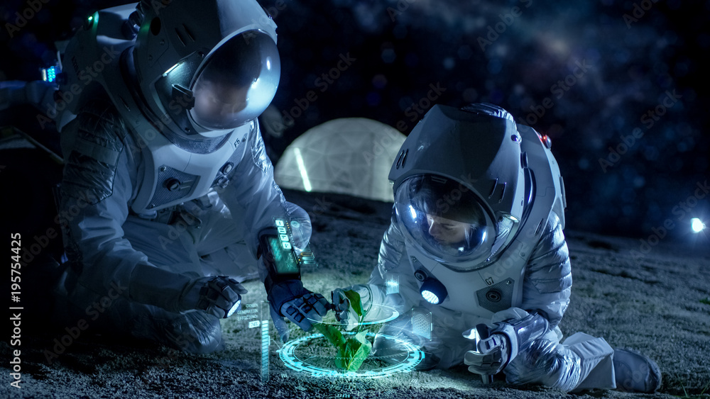 两名宇航员分析在外星行星上发现的植物生命。信息图表显示有关Oxy的动画数据