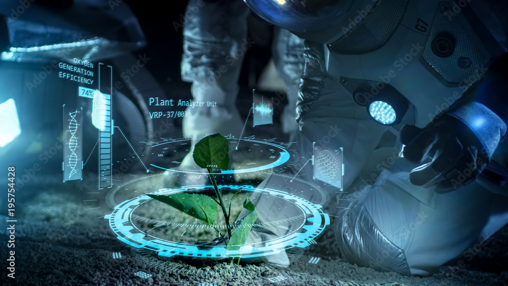 Two Astronauts Analyzing Plant Life Found on Alien Planet. Infographics Show Animated Data about Oxy