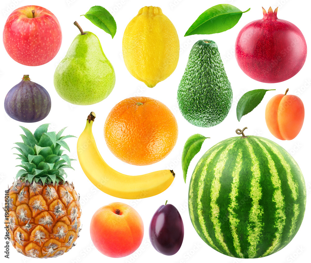新鲜水果的独立集合。苹果、梨、柠檬、橙子、香蕉、菠萝、无花果、桃子、李子