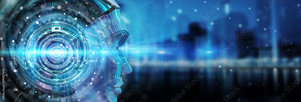 机器人头部使用人工智能创建数字界面3D渲染