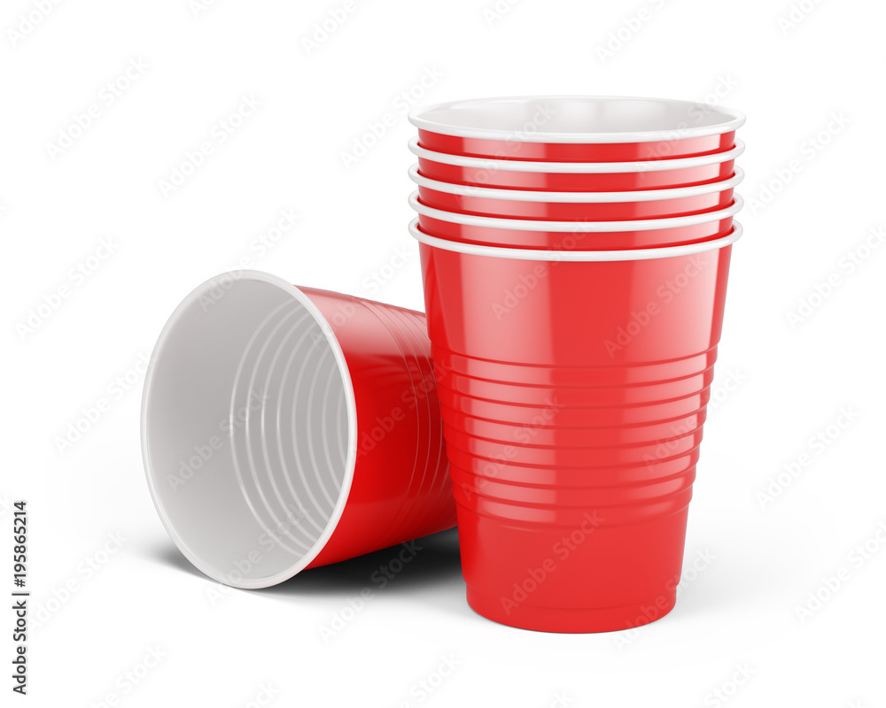 红色一次性杯子-在白色上隔离的塑料杯子。3d渲染