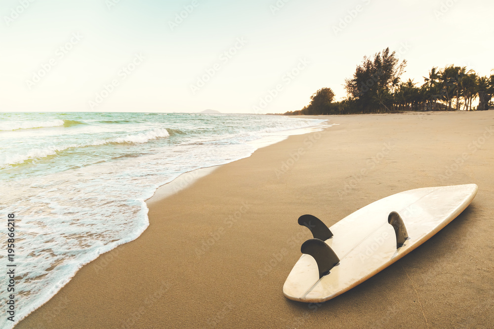 夏季日出时热带海滩上的冲浪板。夏季海滩海景，大海，蓝天背景。