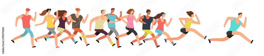 慢跑人群。运动中的跑步者群体。跑步男女运动背景