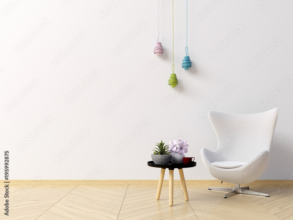 Living room interior with armchair, coffee table, plants and lamp white wall background. 3D renderin