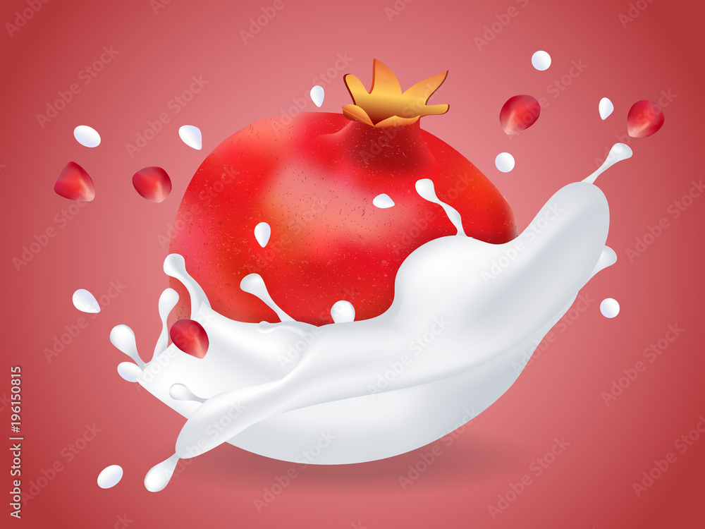 juicy sweet pomegranate in milk splash. Milkshake with pomegranate. Realistic style. Vector illustra