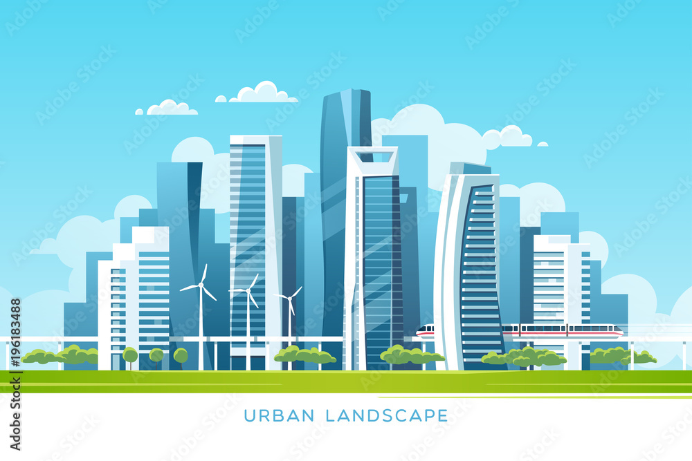 建筑、摩天大楼和地铁的城市景观。房地产和建筑业概念