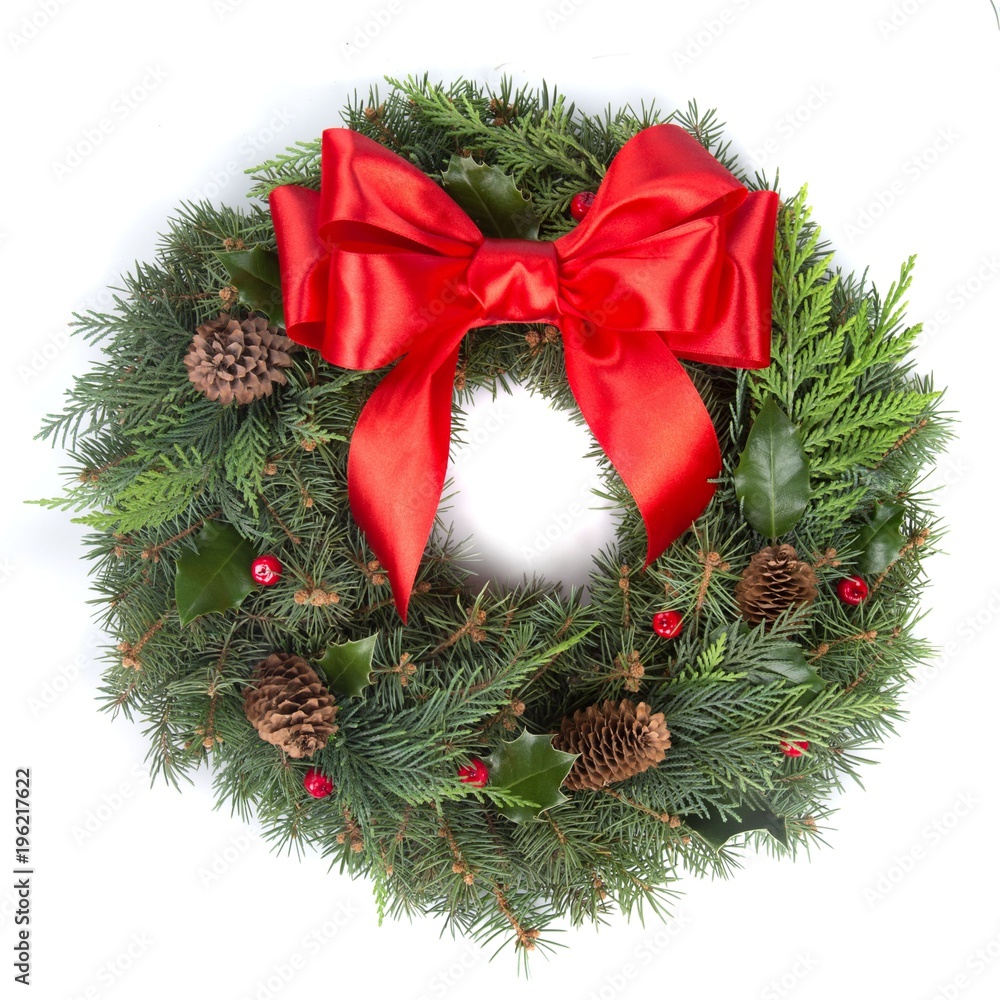Christmas Wreath with Red Berries,Bow and Cones