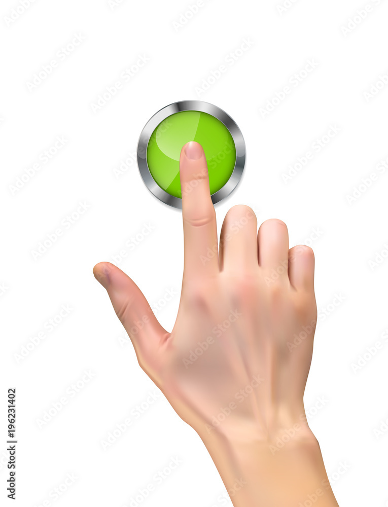 用手指在白色背景上按下绿色启动按钮的手的逼真3D轮廓。Vecto