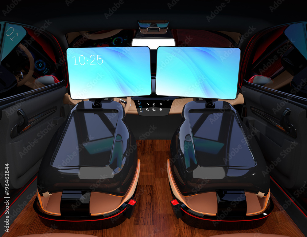 电动自动驾驶SUV汽车内饰设计。乘客可以通过显示屏进行视频会议