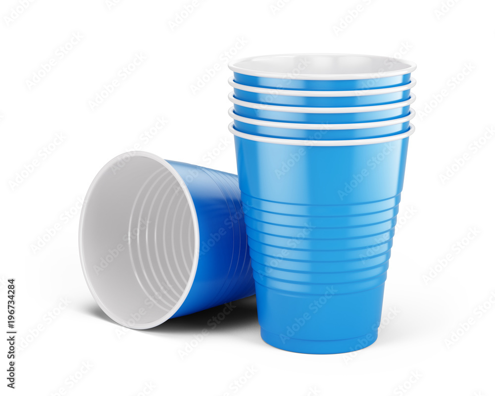 蓝色一次性杯子-在白色上隔离的塑料杯子。3d渲染