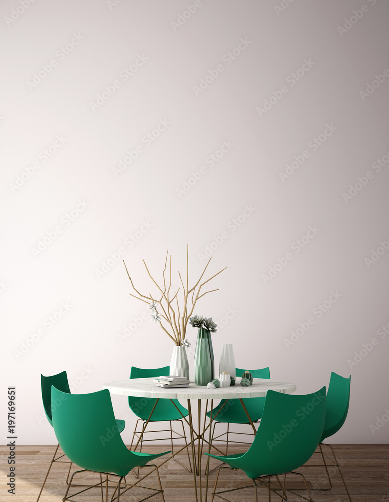 现代风格的用餐区室内设计，木质地板上有植物、椅子、桌子和许多道具