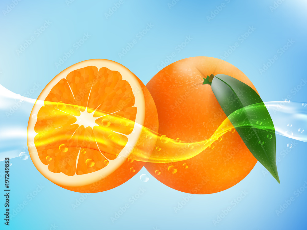 干净水中美味的成熟橙子。逼真的风格。矢量插图。