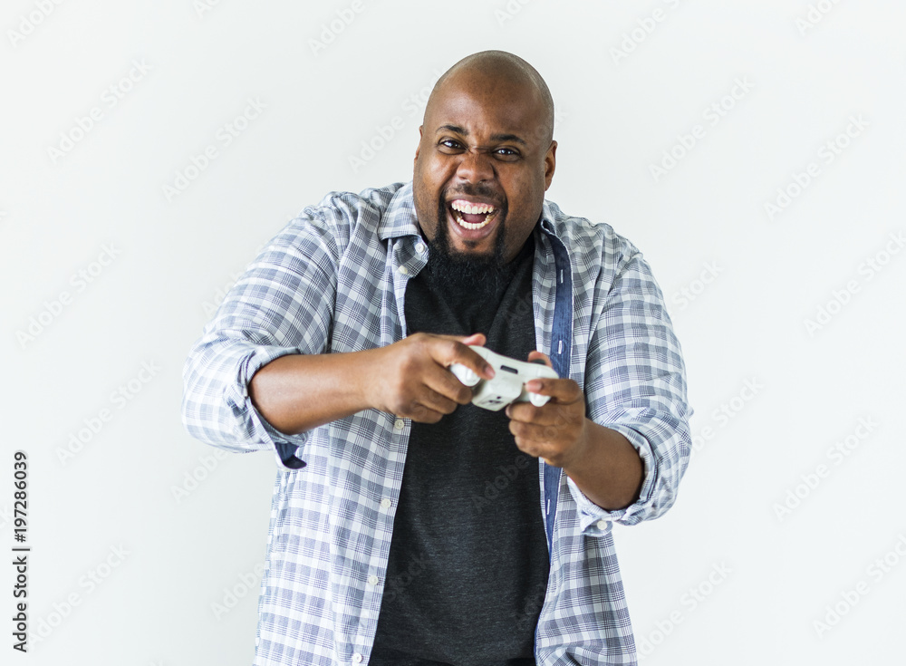 Man enjoying video game isolated on white background