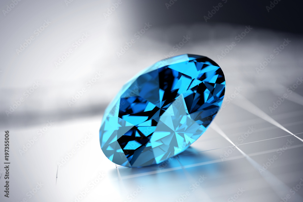 Blue Gem Diamond placed on silver background, 3d illustration.