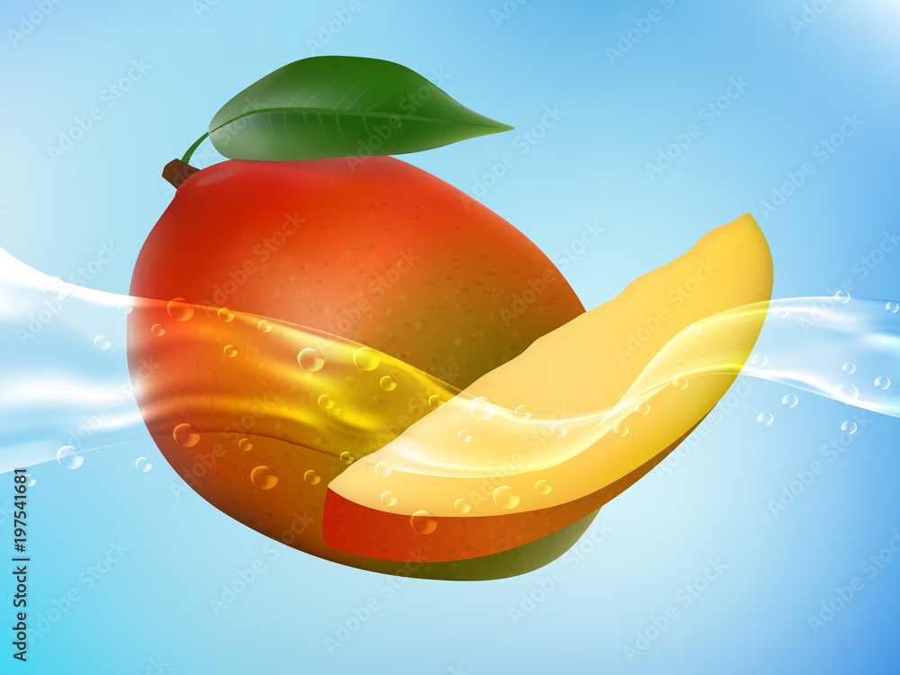 tasty ripe mango in clean water. Realistic style. Vector illustration.