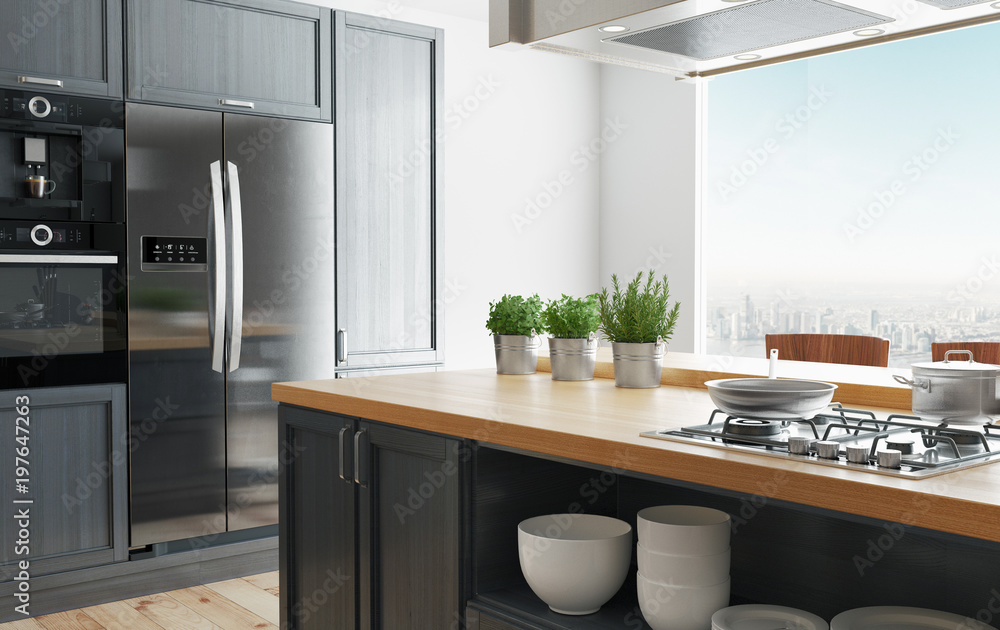 Cucina moderna di design minimum，luminosa con arredo，3d渲染