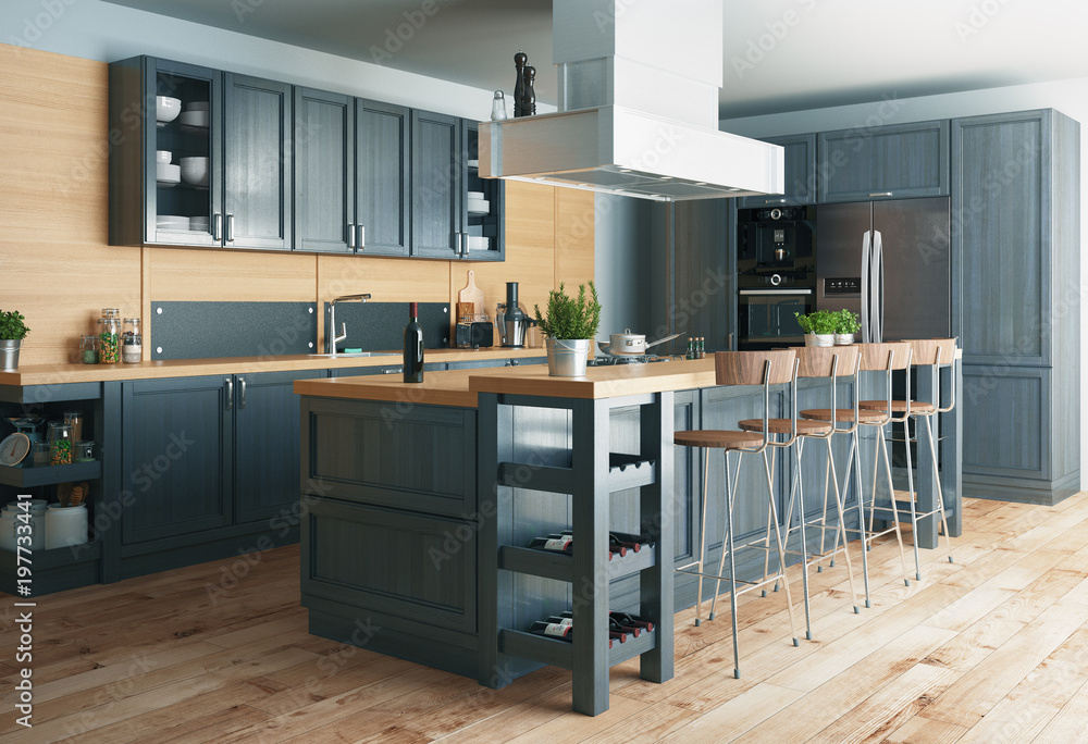 Cucina moderna，legno con parquet最小设计，con banco e sgabelli，渲染3d