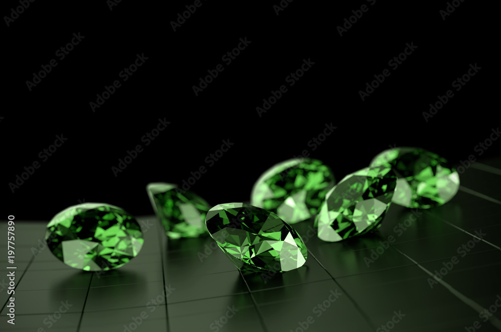 绿色宝石圆形钻石组，3d插图。