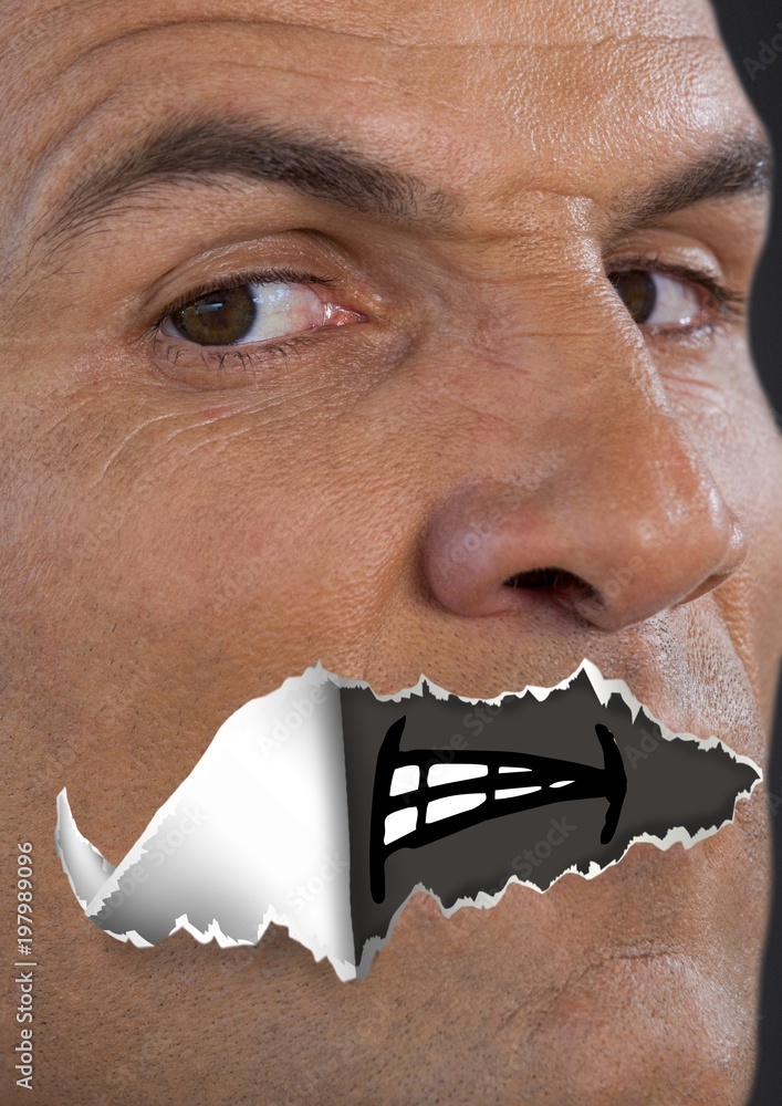愤怒的男人，嘴上有撕裂的纸和卡通的嘴