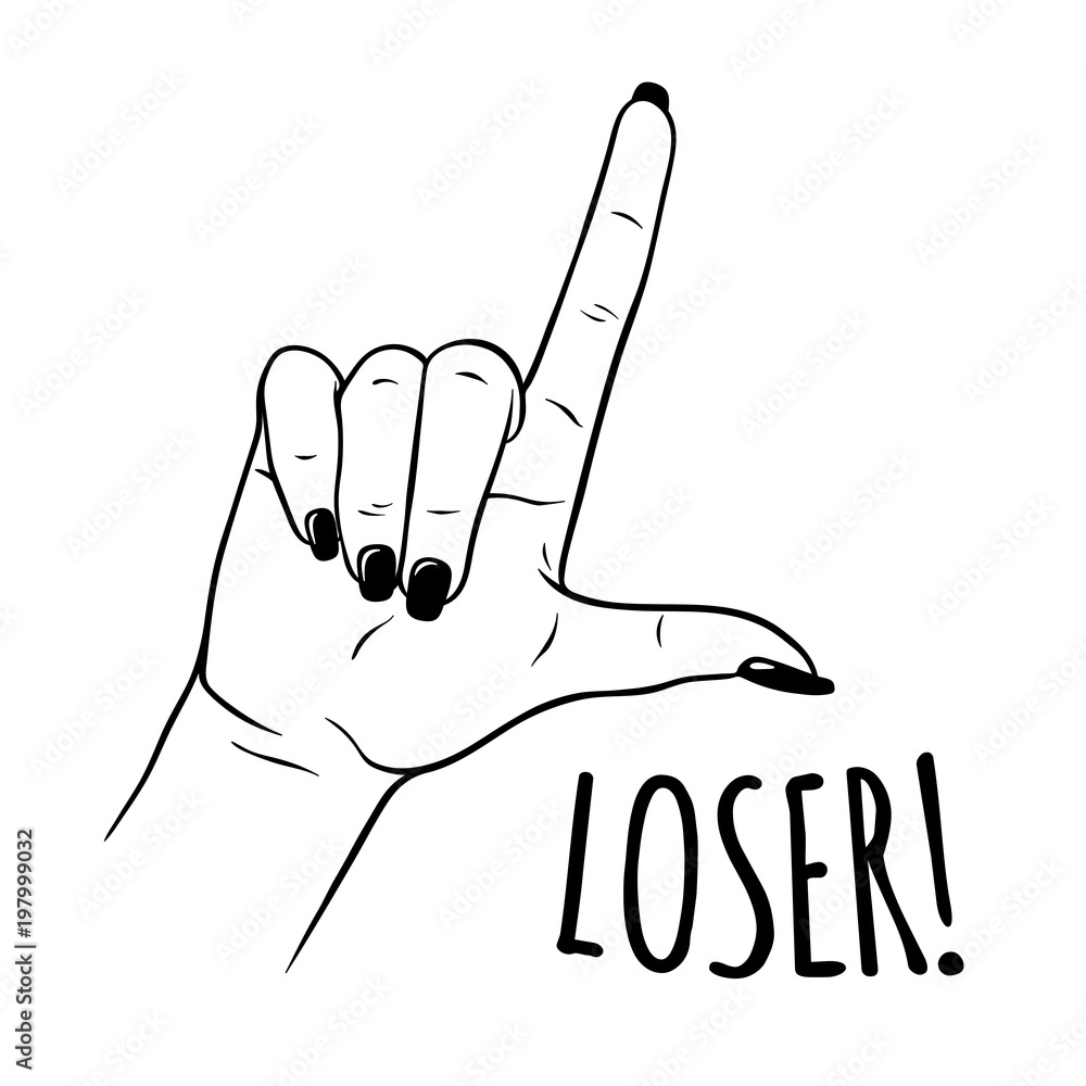 Hand drawn female hand in L for LOSER gesture. Flash tattoo, sticker, patch or print design vector i