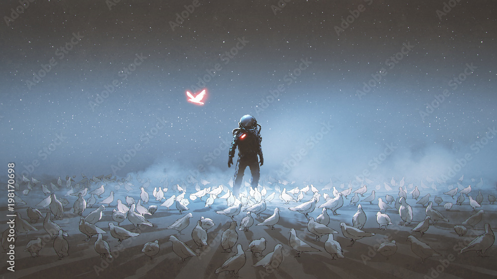 宇航员站在鸟群中，一只发光的独特鸟四处飞翔，数字艺术风格，