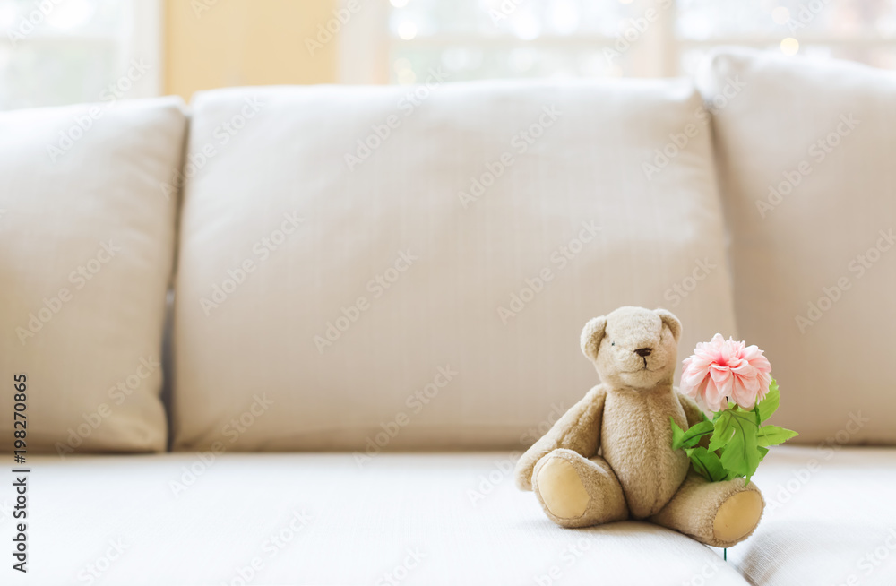 明亮的室内沙发里有一朵花和一只泰迪熊
