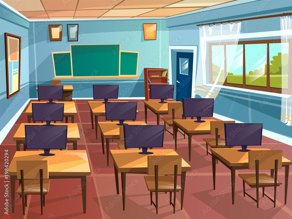 矢量卡通空荡荡的高中大学计算机科学教室背景。插图