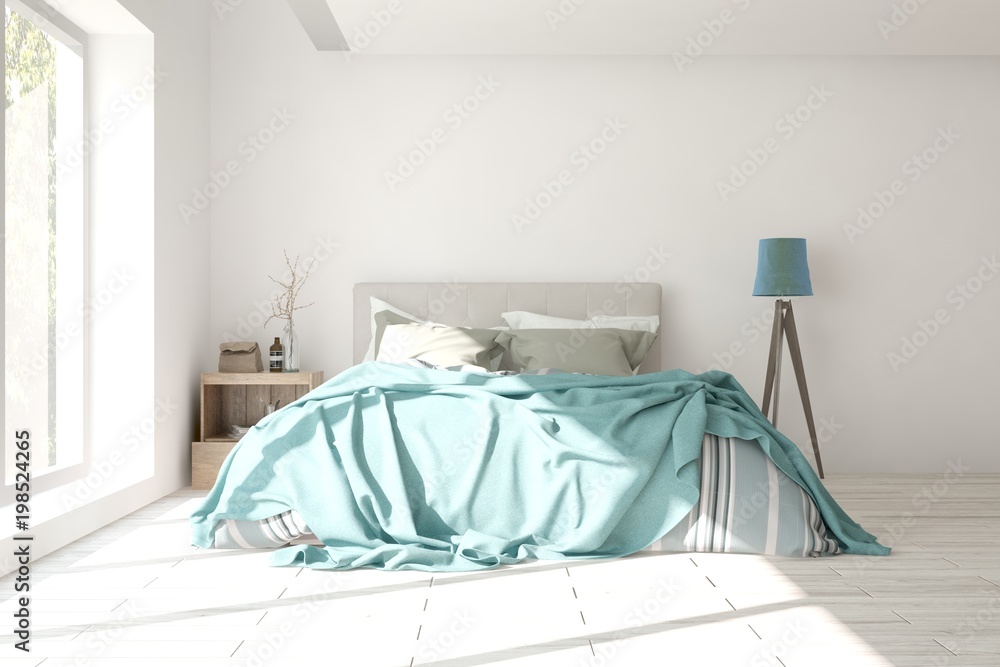 白色极简主义卧室的理念。斯堪的纳维亚室内设计。3D插图