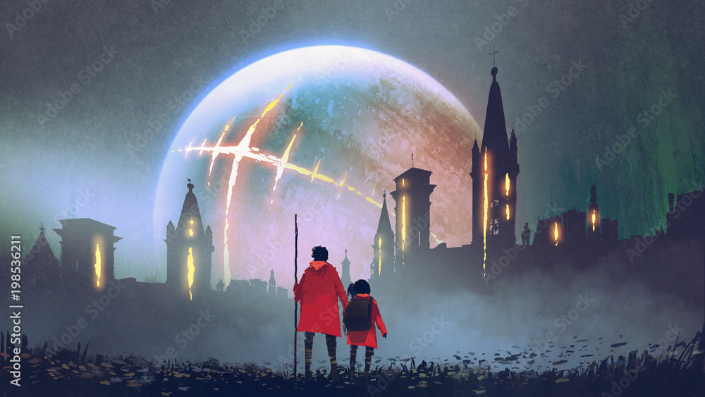 一个人和他的女儿在发光的星球上看着神秘城堡的夜景，数字