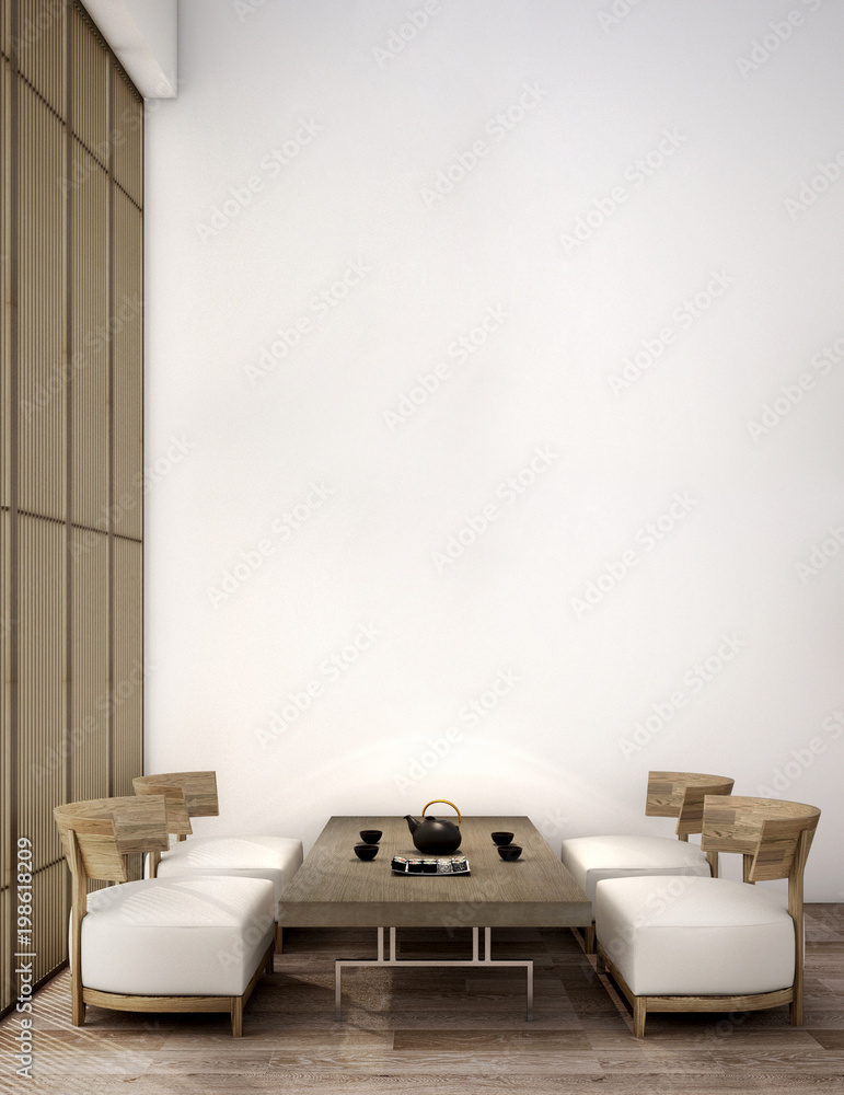 现代风格的生活区室内设计，木地板上有植物、椅子、桌子和许多道具